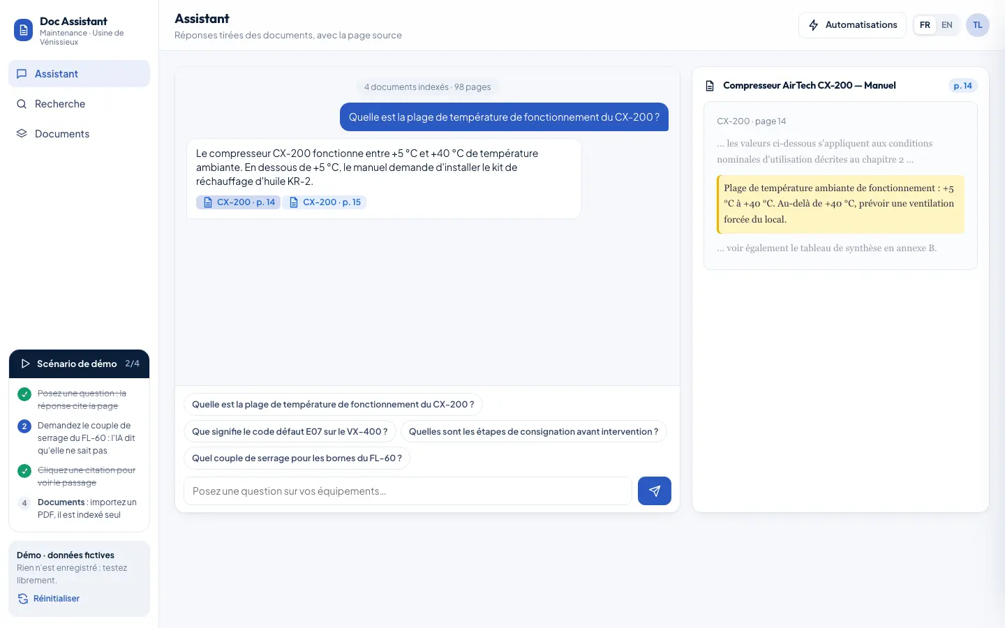 Assistant documentaire : une question sur un manuel technique et une réponse qui cite la page