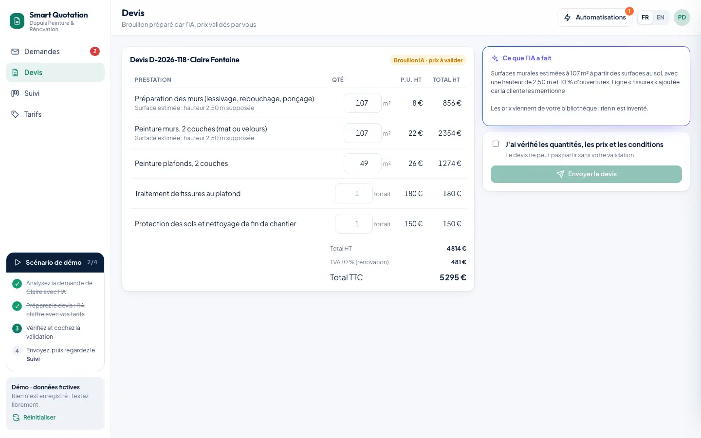 Outil de devis : une demande de client analysée, avec les informations manquantes signalées